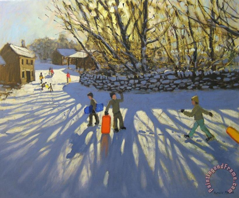 Red sledge painting - Andrew Macara Red sledge Art Print