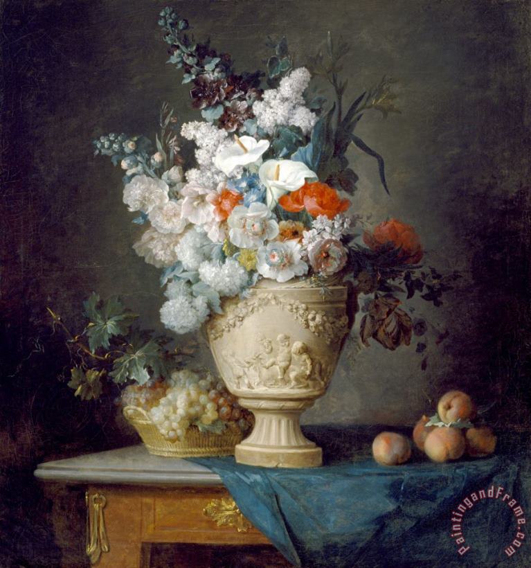 Anne Vallayer-Coster Bouquet of Flowers in a Terracotta Vase, with Peaches And Grapes Art Painting