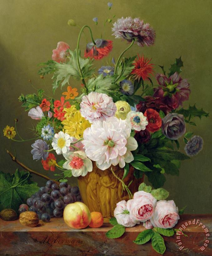 Still Life With Flowers And Fruit painting - Anthony Obermann Still Life With Flowers And Fruit Art Print