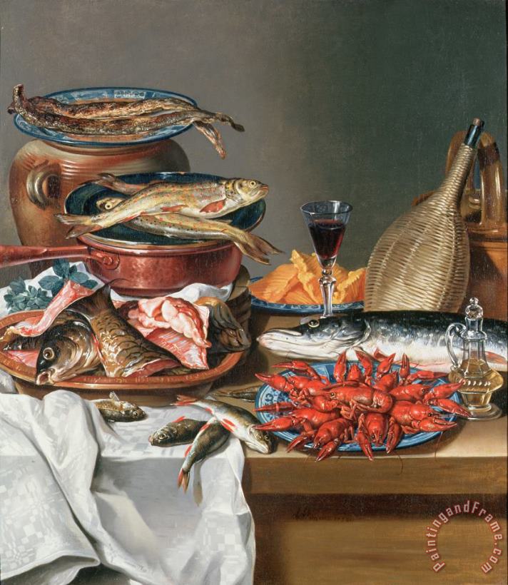 Anton Friedrich Harms A Still Life of a Fish Trout and Baby Lobsters Art Print