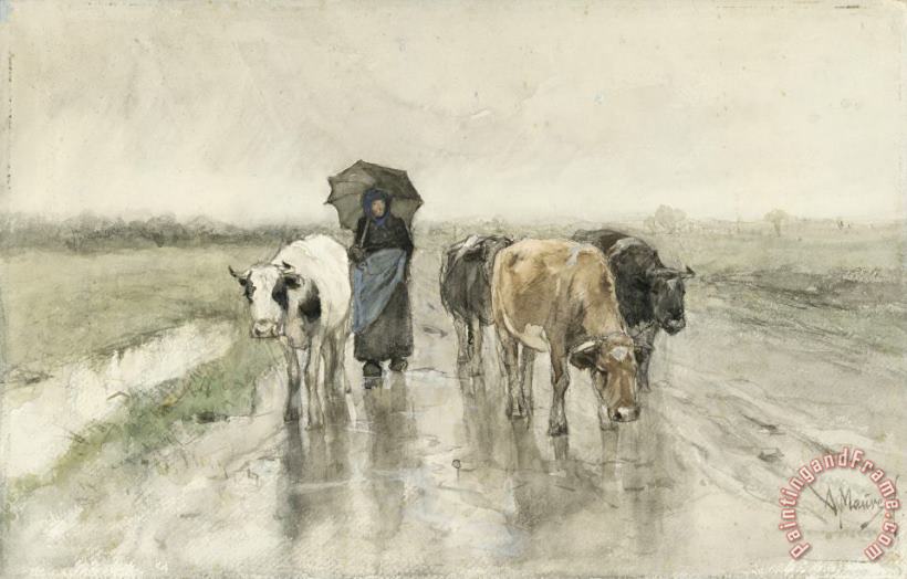 Anton Mauve A Herdess with Cows on a Country Road in The Rain Art Painting