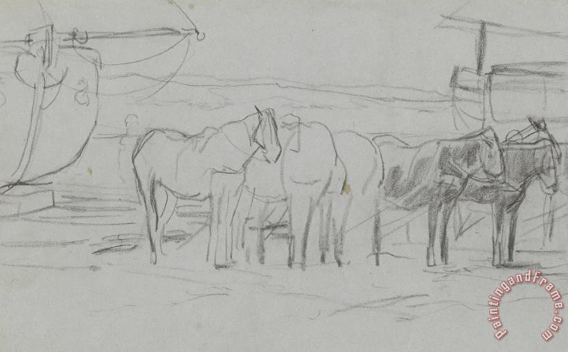 Anton Mauve Wachtende Paarden Bij Bomschuiten Op Het Strand Art Print