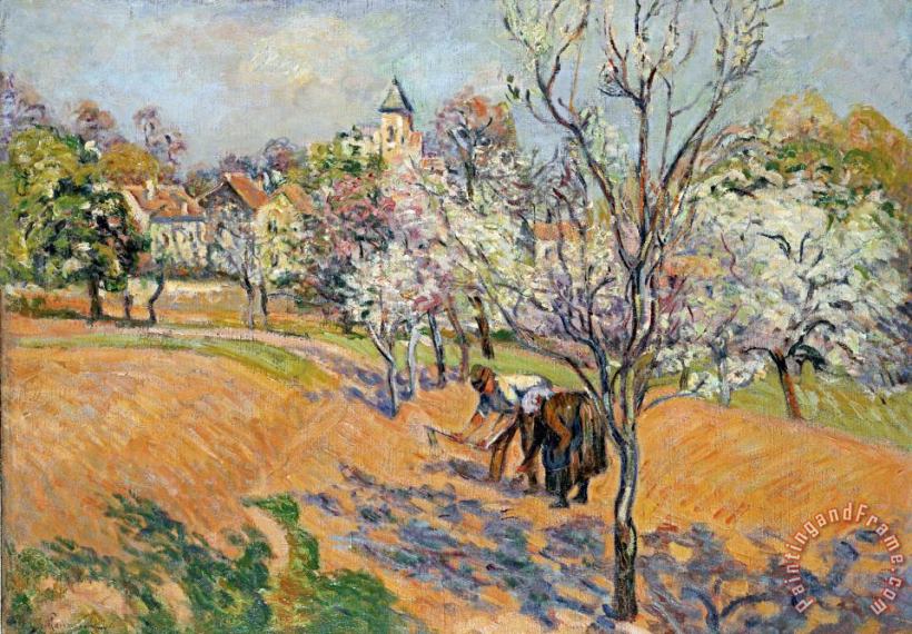 Armand Guillaumin Two Peasants Sowing Haricots in an Orchard in Blossom Art Print
