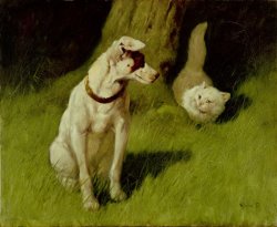 Arthur Heyer White Persian Cat and Jack Russell