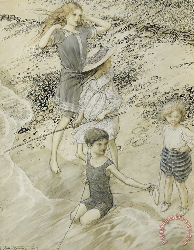 Arthur Rackham Four Children At The Seashore Art Print