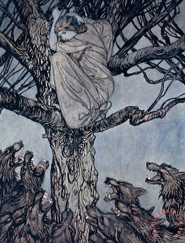 She Looked With Angry Woe At The Straining And Snarling Horde Below Illustration From Irish Fairy painting - Arthur Rackham She Looked With Angry Woe At The Straining And Snarling Horde Below Illustration From Irish Fairy Art Print