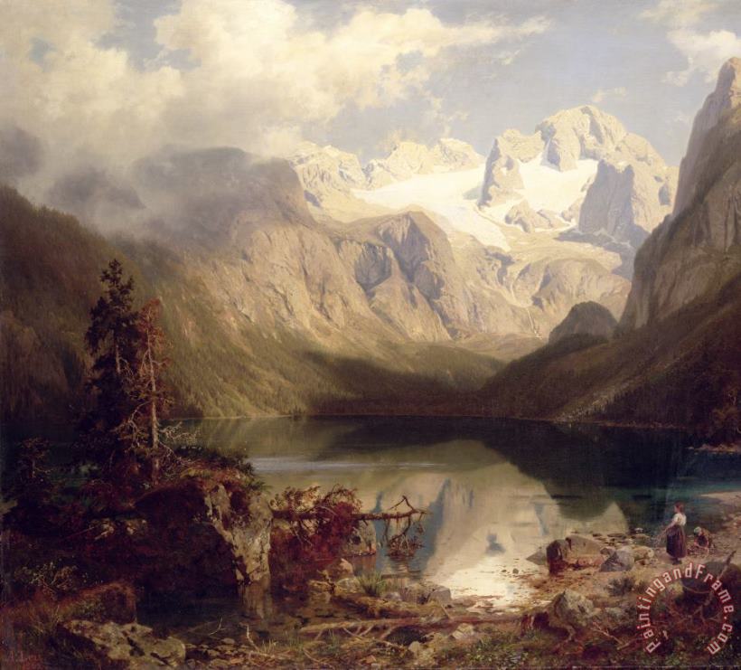 Augustus Wilhelm Leu An Extensive Alpine Lake Landscape Art Painting