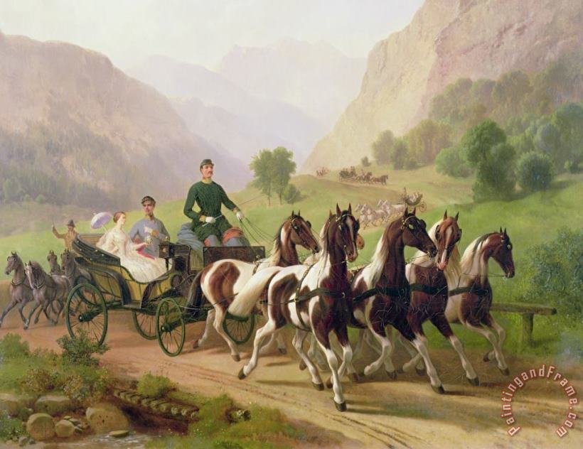 Emperor Franz Joseph I of Austria being driven in his carriage with his wife Elizabeth of Bavaria I painting - Austrian School Emperor Franz Joseph I of Austria being driven in his carriage with his wife Elizabeth of Bavaria I Art Print