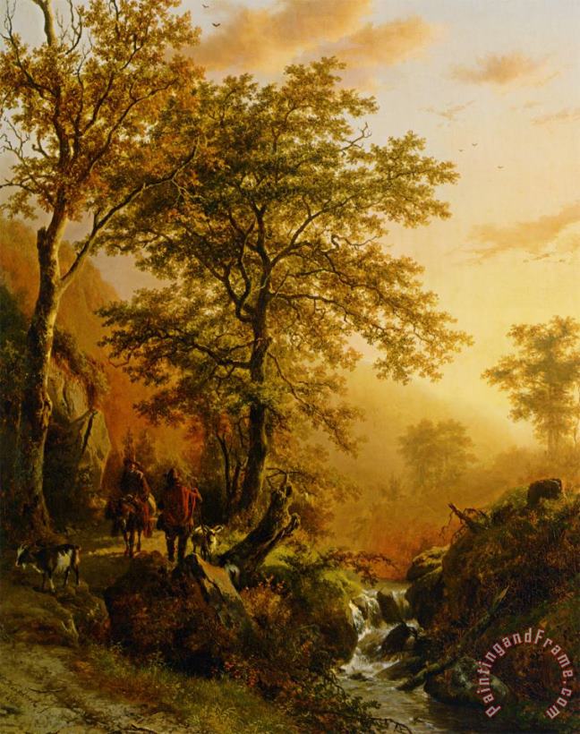 Barend Cornelis Koekkoek A Traveller And a Herdsman in a Mountainous Landscape Art Print