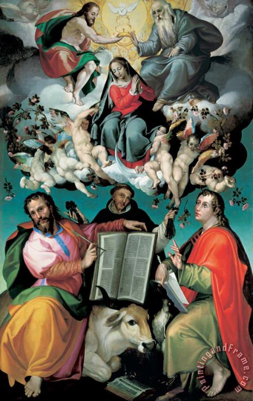 The Coronation of the Virgin with Saints Luke Dominic and John the Evangelist painting - Bartolomeo Passarotti The Coronation of the Virgin with Saints Luke Dominic and John the Evangelist Art Print