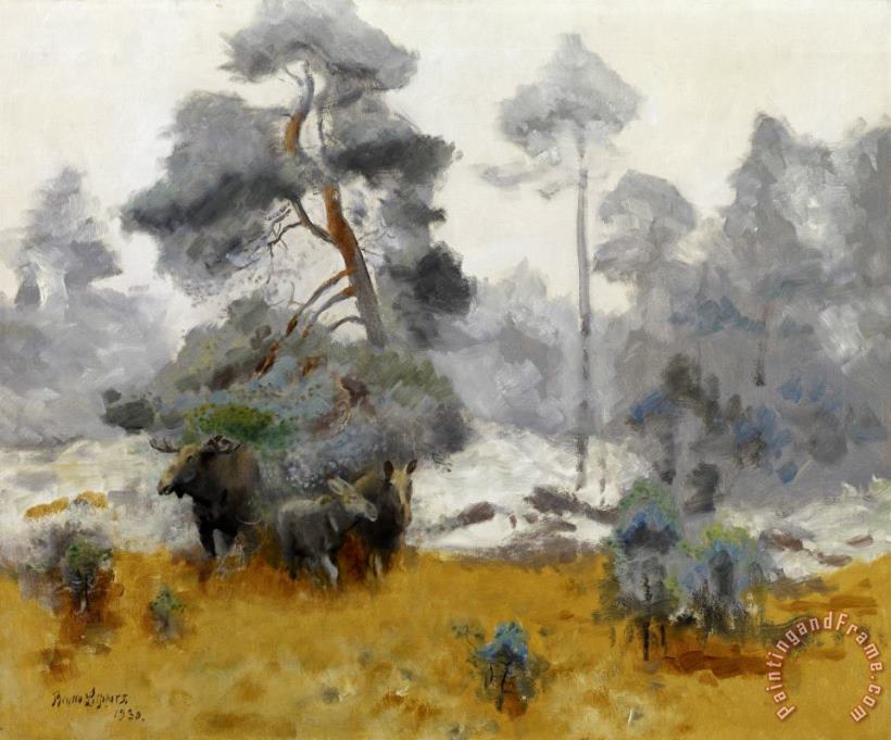 Bruno Liljefors Moose Family Entering a Clearing Art Painting