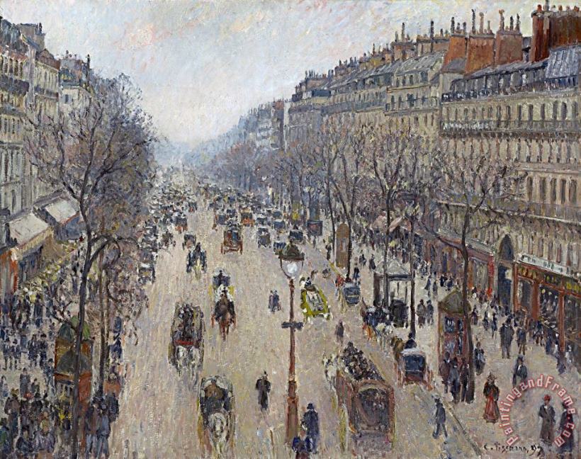 Boulevard Montmartre, Morning, Cloudy Weather painting - Camille Pissarro Boulevard Montmartre, Morning, Cloudy Weather Art Print