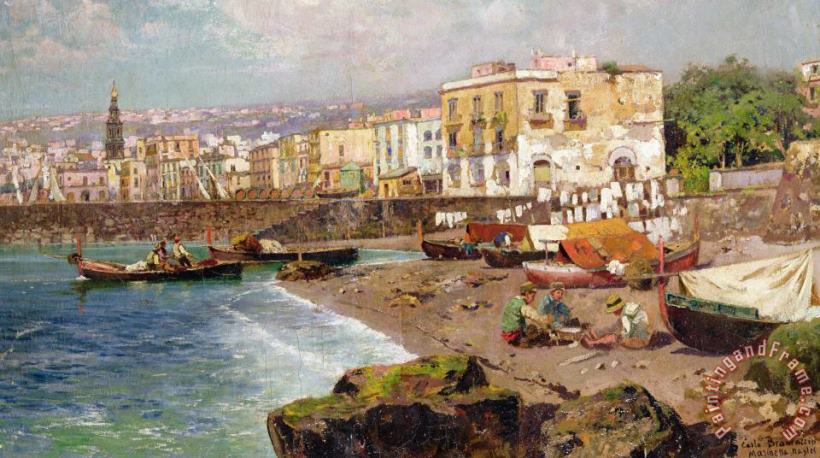 Fishing Boats on the Beach at Marinella Naples painting - Carlo Brancaccio Fishing Boats on the Beach at Marinella Naples Art Print