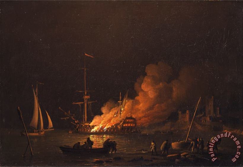 Charles Brooking Ship on Fire at Night Art Painting