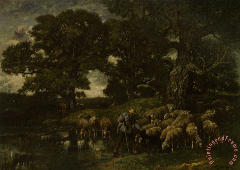 Charles Emile Jacque A Shepherd And His Flock by a Pond Art Print