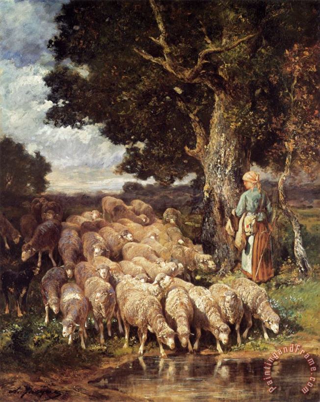 A Shepherdess with Her Flock Near a Stream painting - Charles Emile Jacque A Shepherdess with Her Flock Near a Stream Art Print