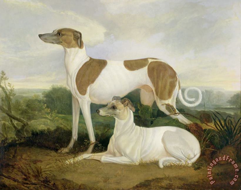 Two Greyhounds in a Landscape painting - Charles Hancock Two Greyhounds in a Landscape Art Print