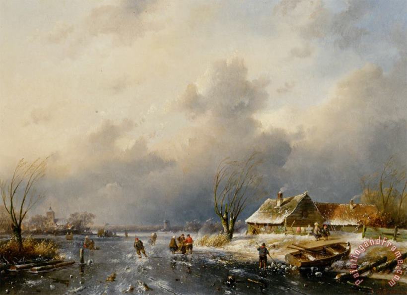 A Frozen Waterway with Skaters by a Cottage painting - Charles Henri Joseph Leickert A Frozen Waterway with Skaters by a Cottage Art Print