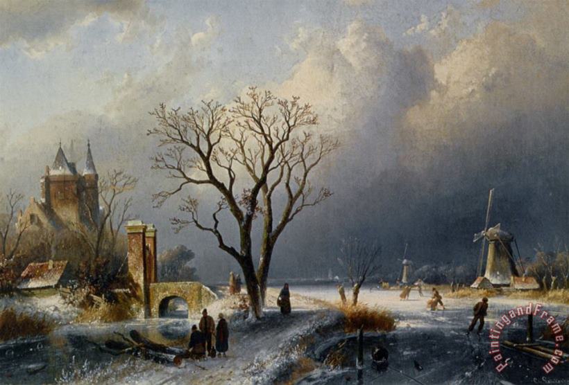 A Winter Landscape with Figures Near a Castle painting - Charles Henri Joseph Leickert A Winter Landscape with Figures Near a Castle Art Print