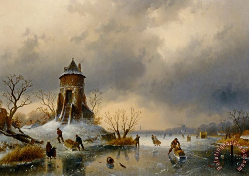 A Winter Landscape with Skaters on The Ice painting - Charles Henri Joseph Leickert A Winter Landscape with Skaters on The Ice Art Print