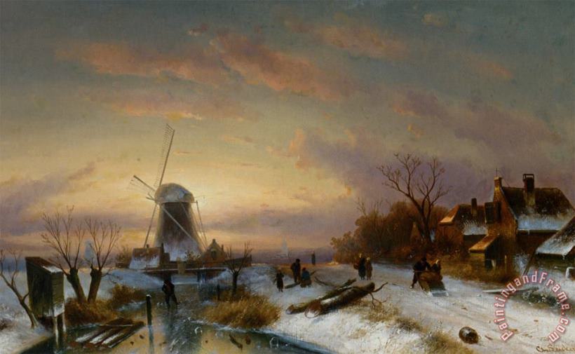 Charles Henri Joseph Leickert Landscape with Skaters on The Ice Art Painting