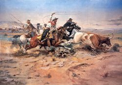 Charles Marion Russell - Cowboys roping a steer painting