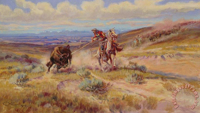 Spearing A Buffalo painting - Charles Marion Russell Spearing A Buffalo Art Print