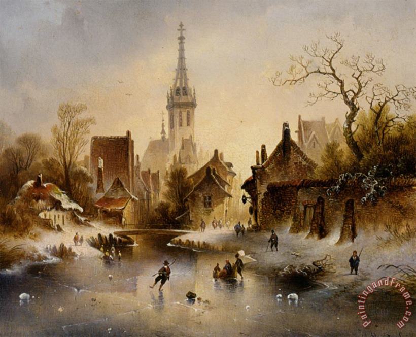 A Winter Landscape with Skaters Near a Village painting - Charles van den Eycken A Winter Landscape with Skaters Near a Village Art Print