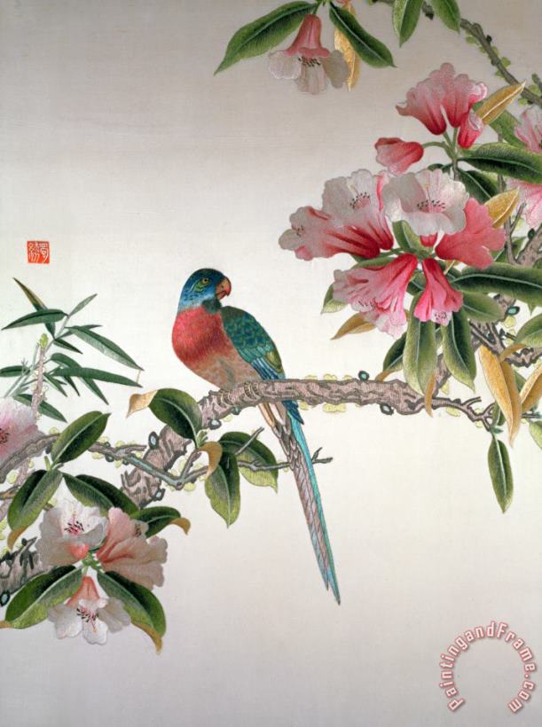 Chinese School Jay on a flowering branch Art Painting