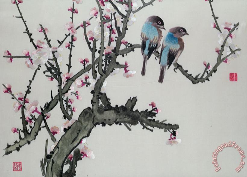Pair of birds on a cherry branch painting - Chinese School Pair of birds on a cherry branch Art Print