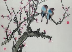 Chinese School - Pair of birds on a cherry branch painting