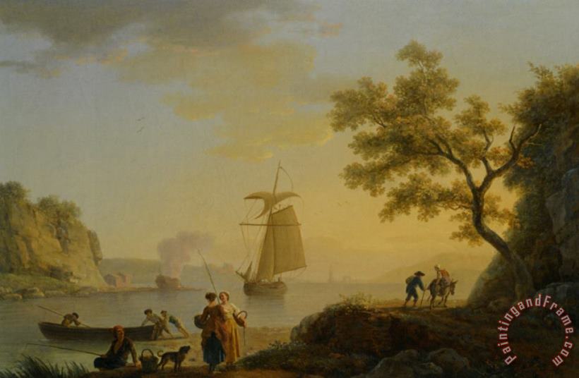 Claude Joseph Vernet An Extensive Coastal Landscape with Fishermen Unloading Their Boats And Figures Conversing in The Foreground Art Painting