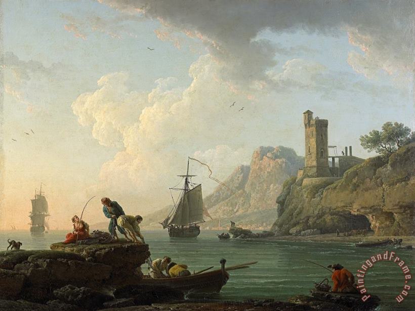 Claude Joseph Vernet Marine Landscape with Tower And Fishermen Hauling in Their Nets, 1775 Art Print