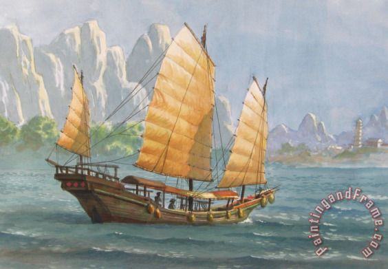 Collection Junk Sailing Out at Dawn with White Mountains Art Painting