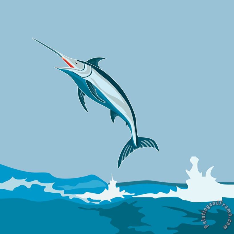 Blue Marlin Fish Jumping Retro painting - Collection 10 Blue Marlin Fish Jumping Retro Art Print