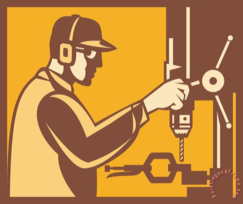 Factory Worker Operator With Drill Press Retro painting - Collection 10 Factory Worker Operator With Drill Press Retro Art Print