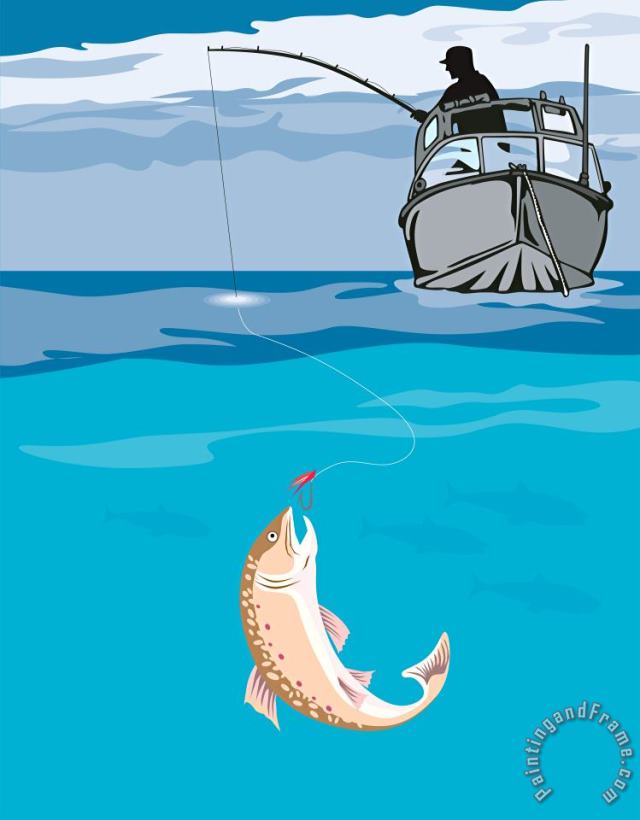 Fisherman Fishing Trout Fish Retro painting - Collection 10 Fisherman Fishing Trout Fish Retro Art Print