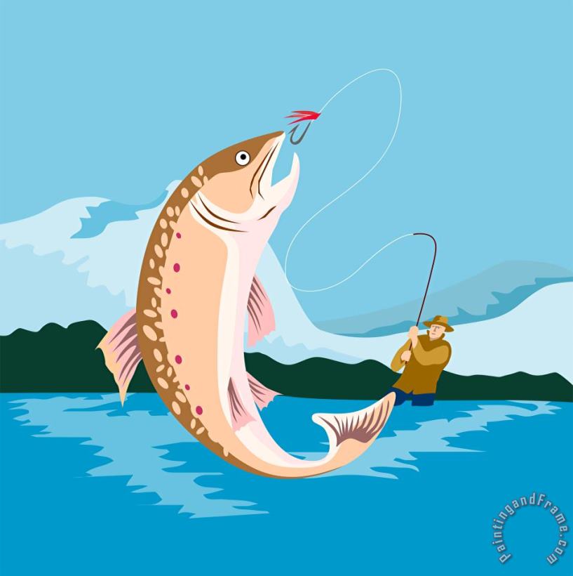 Fly fisherman catching trout painting - Collection 10 Fly fisherman catching trout Art Print