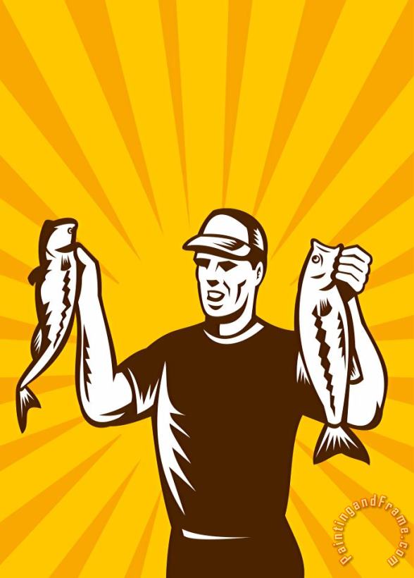 Fly Fisherman holding bass fish catch painting - Collection 10 Fly Fisherman holding bass fish catch Art Print