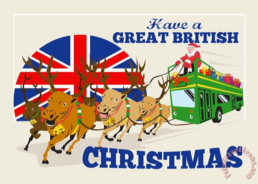 Collection 10 Great British Christmas Santa Reindeer Doube Decker Bus Art Print