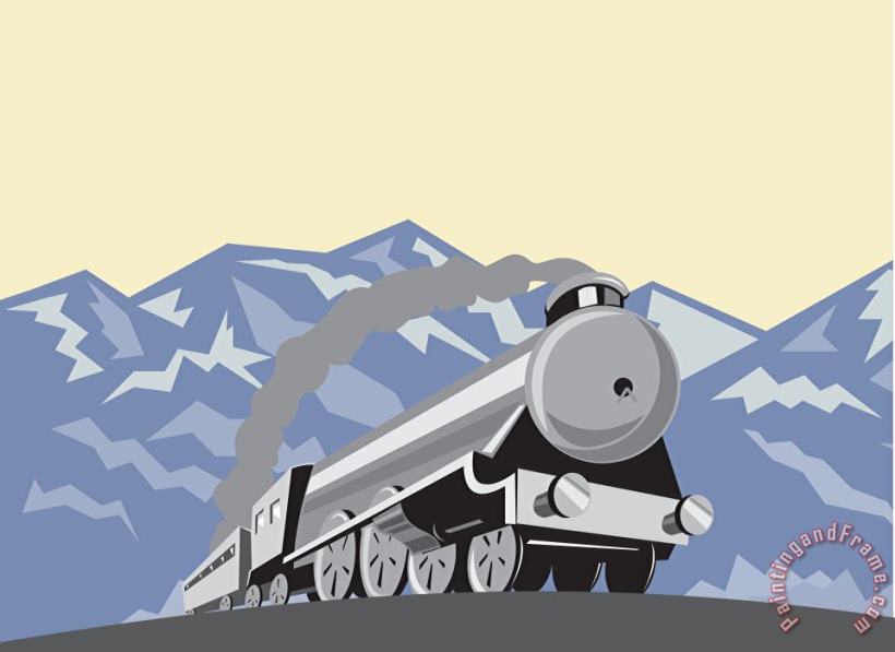 Steam Train Locomotive Mountains Retro painting - Collection 10 Steam Train Locomotive Mountains Retro Art Print