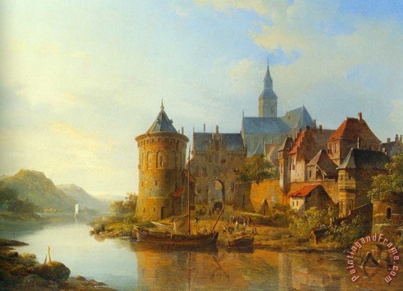 Cornelis Springer A View of a Town Along The Rhine Art Painting