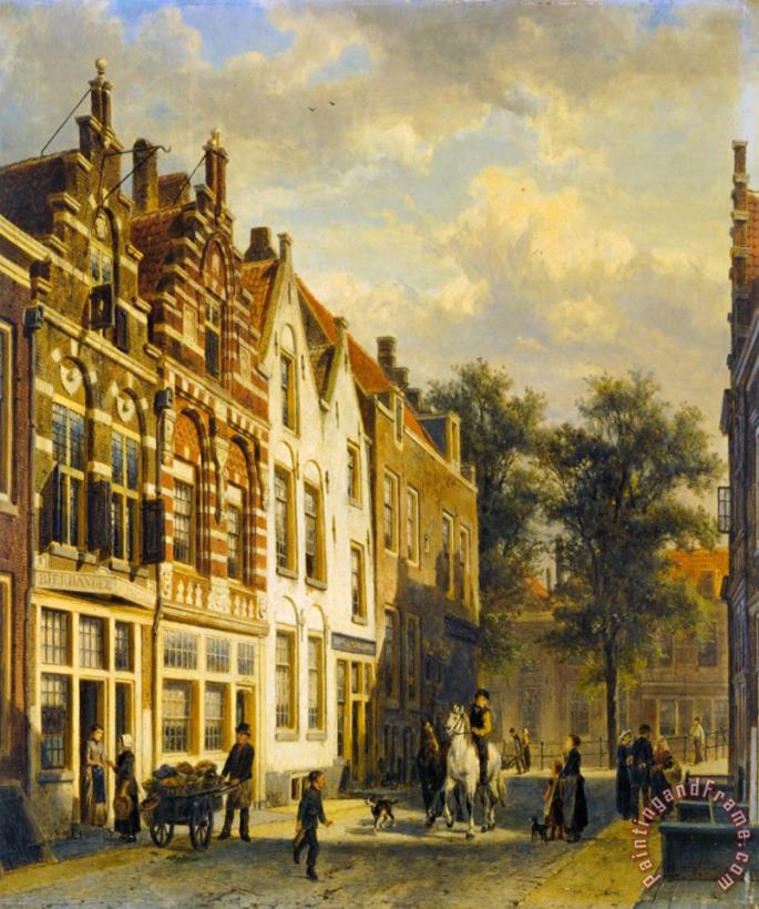 Figures in The Sunlit Streets of a Dutch Town painting - Cornelis Springer Figures in The Sunlit Streets of a Dutch Town Art Print