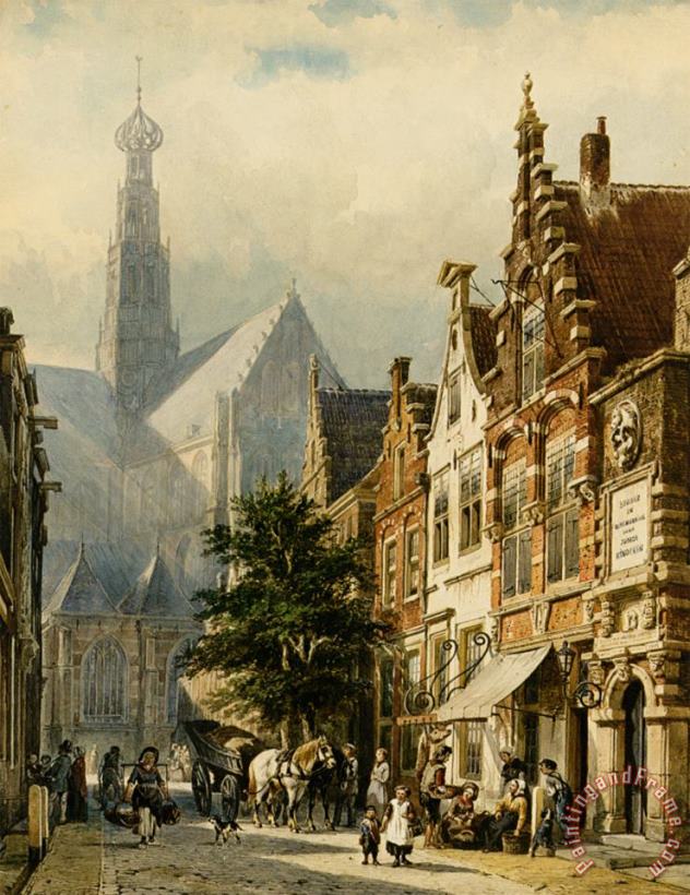 Cornelis Springer Manu Figures in The Streets of Haarlem Art Painting