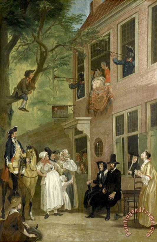 Misled: The Ambassador of The Rascals Exposes Himself From The Window of 't Bokki Tavern in The Haarlemmerhout painting - Cornelis Troost Misled: The Ambassador of The Rascals Exposes Himself From The Window of 't Bokki Tavern in The Haarlemmerhout Art Print