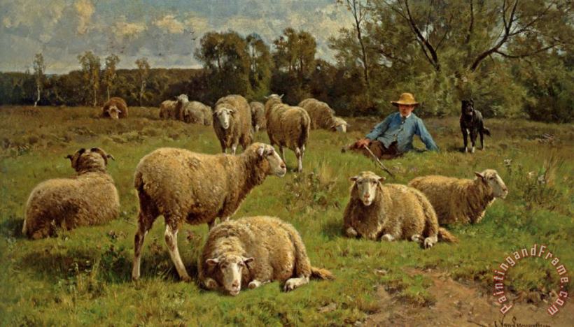 A Shepherd And His Dog Guarding a Flock of Sheep painting - Cornelis Van Leemputten A Shepherd And His Dog Guarding a Flock of Sheep Art Print