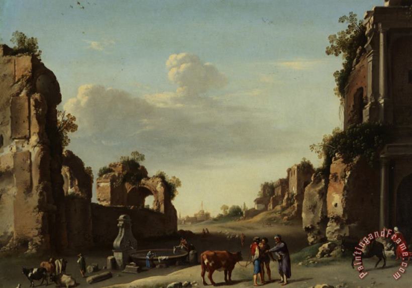 Roman Ruins with a Merchant Buying Bull painting - Cornelis van Poelenburgh Roman Ruins with a Merchant Buying Bull Art Print