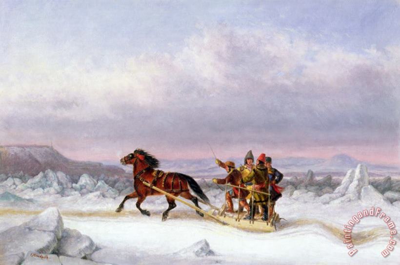 Cornelius Krieghoff Crossing the Saint Lawrence from Levis to Quebec on a Sleigh Art Painting