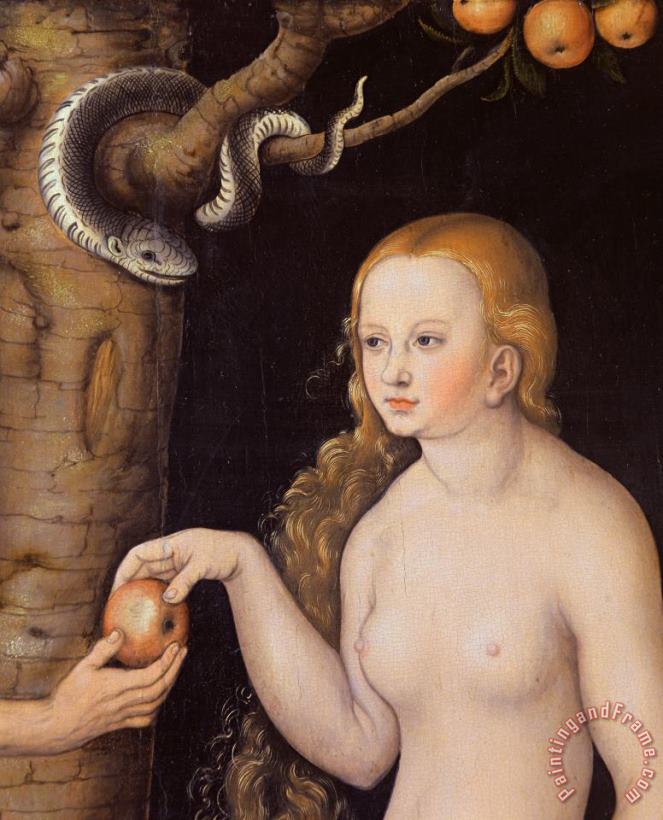 Cranach Eve offering the apple to Adam in the Garden of Eden and the serpent Art Print
