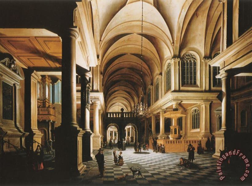 Daniel De Blieck A Church Interior by Candlelight with Figures Conversing Art Painting